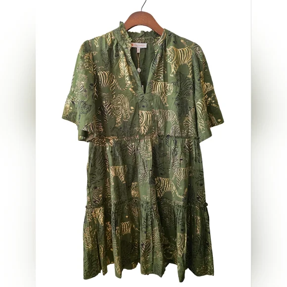NWT Jude Connally Shirley Dress Cotton Voile Tiered Olive Mini Dress Size M - Picture 6 of 14